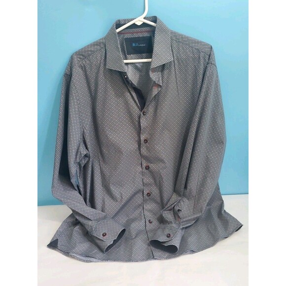 Mens Button Front Shirt Xl Geometric Print Collared Blu By Polifroni Lightweight - Picture 2 of 11